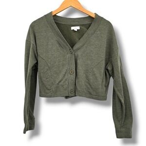 Colsie Cropped Cardigan Olive Green Striped V Neck Button Up Top Size‎ M